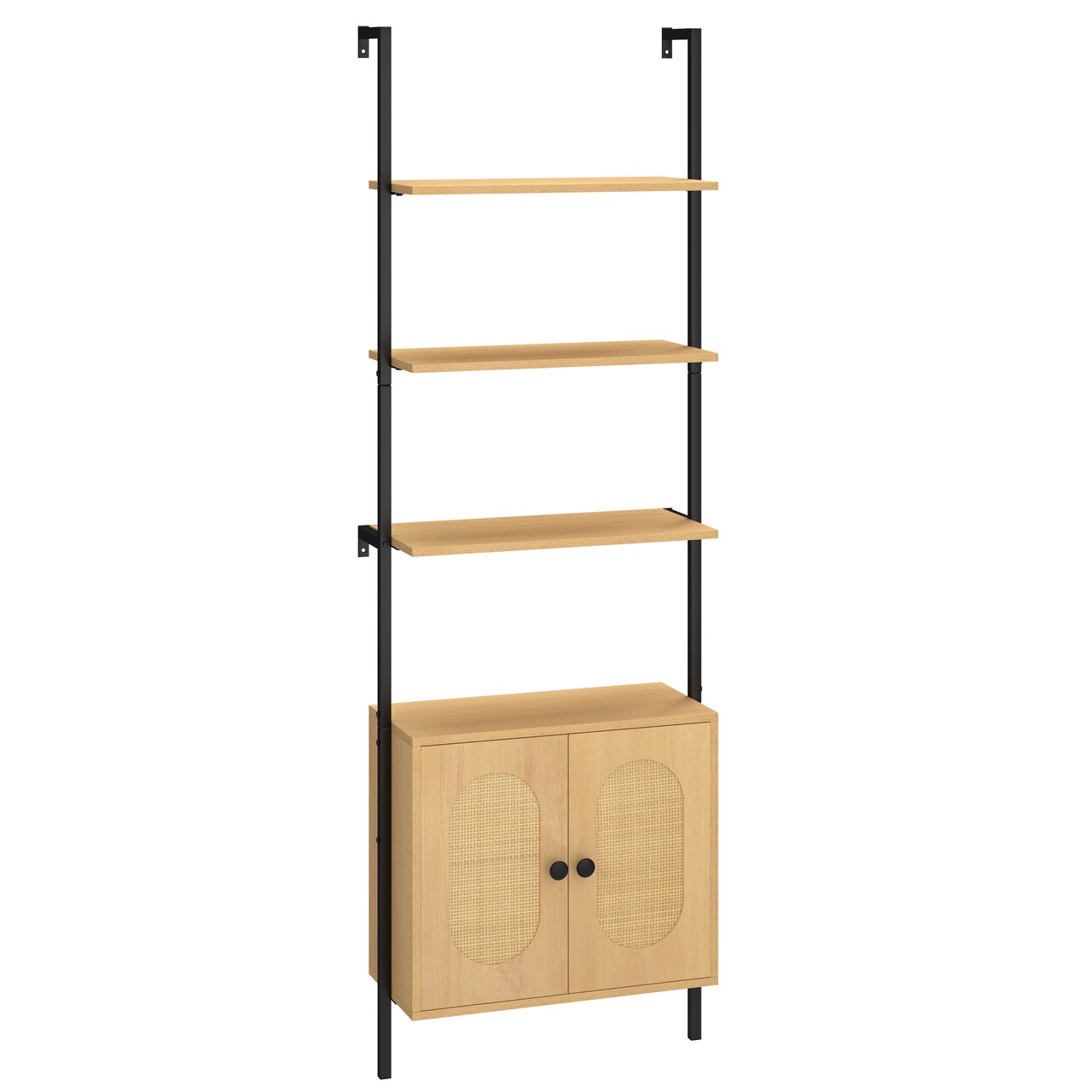72.5 Inch 6-Tier Wall Mounted Ladder 3-Position Adjustable Shelf with Rattan Cabinet